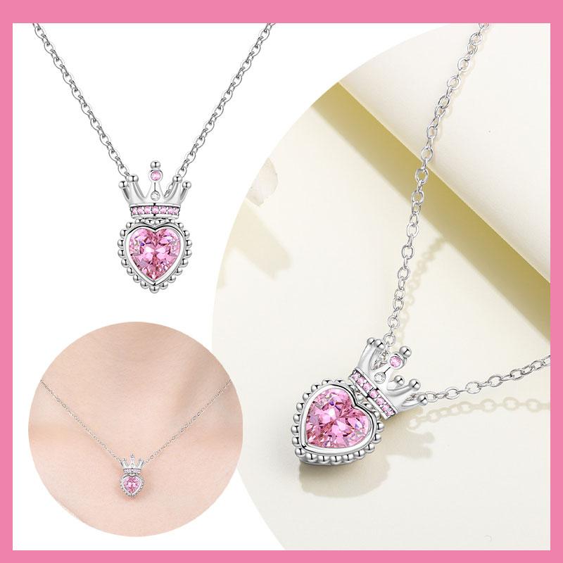 Necklace Pink Crown Heart Pendant Necklace For Women'S Necklace Elegant Anniversary Birthday