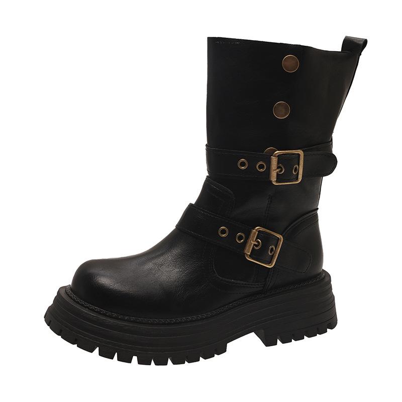 British Style Women's  New Spring and Autumn Single Boots Retro Two in One Mid Length Boots Thick Soled Black Short Boots
