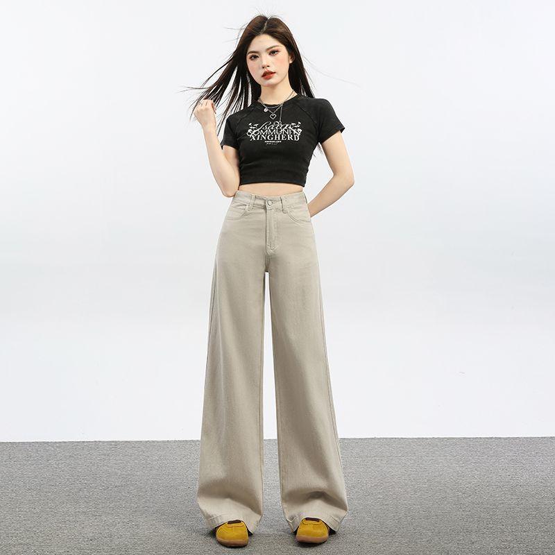 Spring Summer Khaki High Waist Tencel Patchwork Slim Relax Straight Wide Leg Denim Pants For Ladies Casual Pants Oversize Denim Trousers