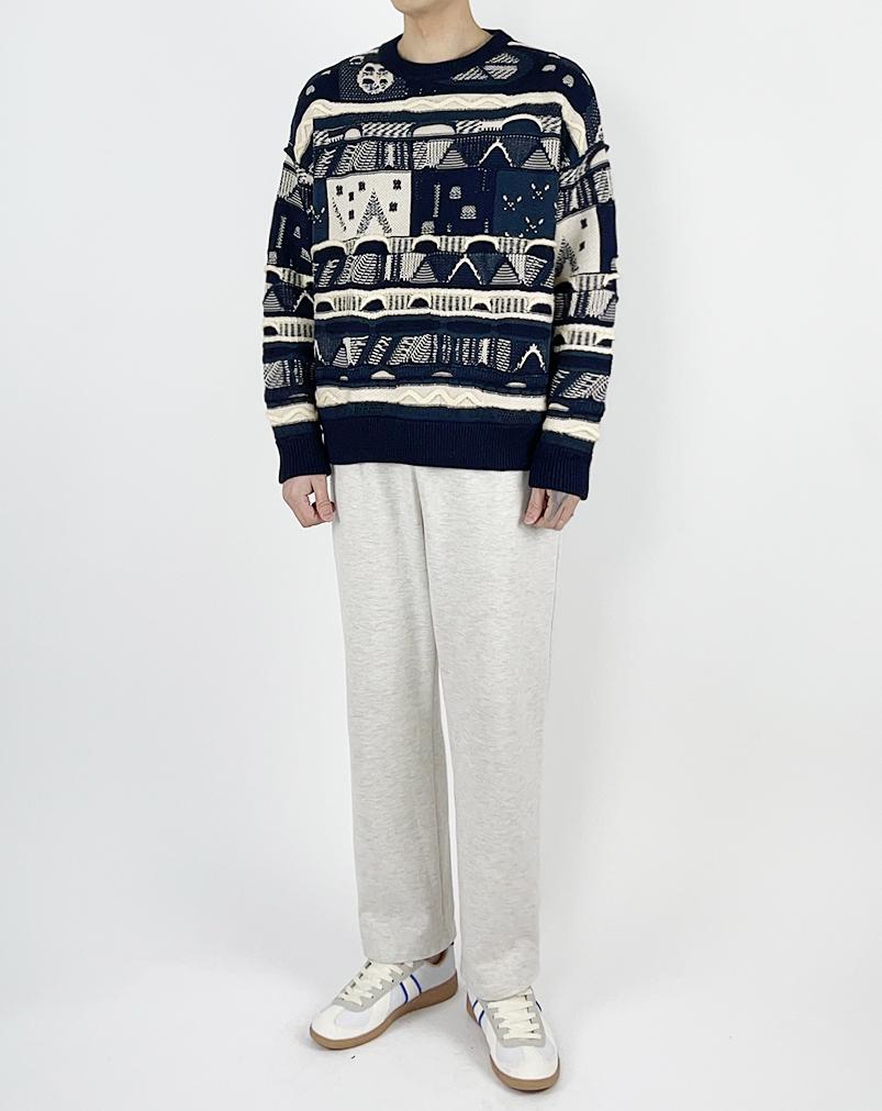 A MADE Pattern Mix Oversized Knit Sweater (Cream Navy)