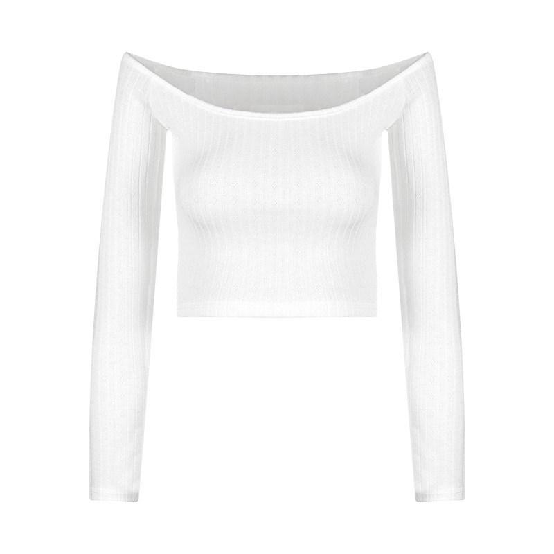 One-word shoulder white long-sleeved slim-fit T-shirt for women's spring spice, sexy tight-fitting elastic inner with short open-button top