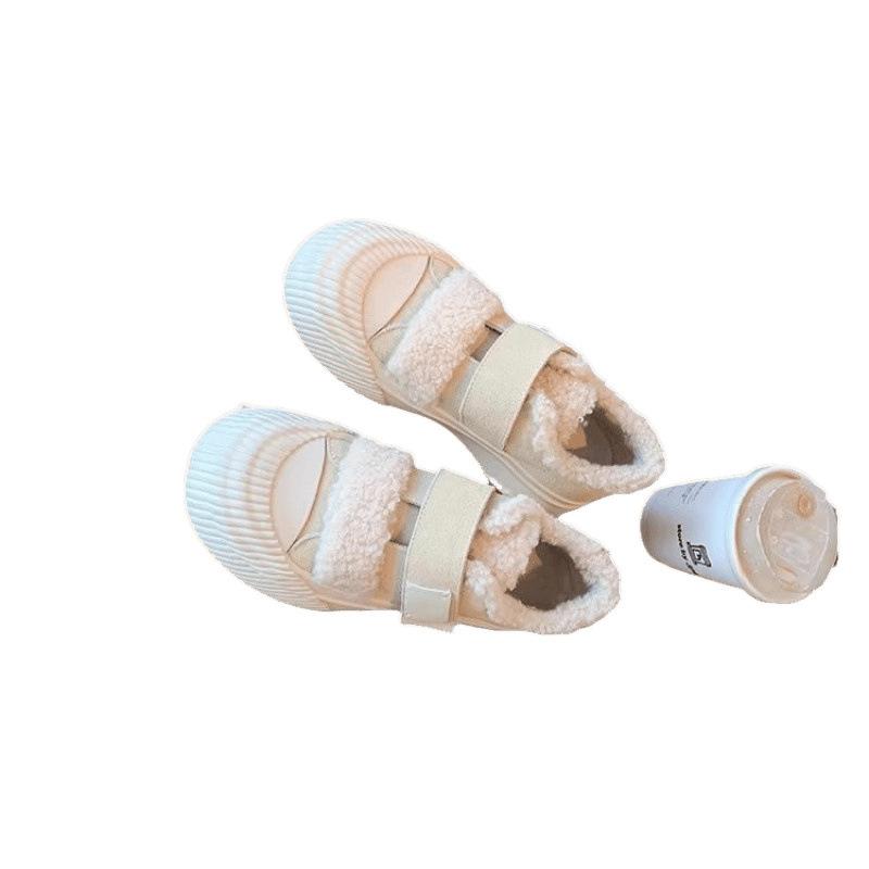 Cowhide version autumn and winter thick-soled fluffy shoes Velcro velvet warm casual biscuit shoes women's white shoes