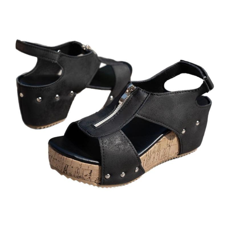 Damen Nietbesetzte Peep-Toe Reißverschluss Keilabsatz Plateau Sandalen