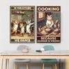 Cute Cat Cooking Poster Cooking In This Kitchen We Dance Poster Prints Funny Cat Animal Canvas Painting Home Kitchen Wall Art