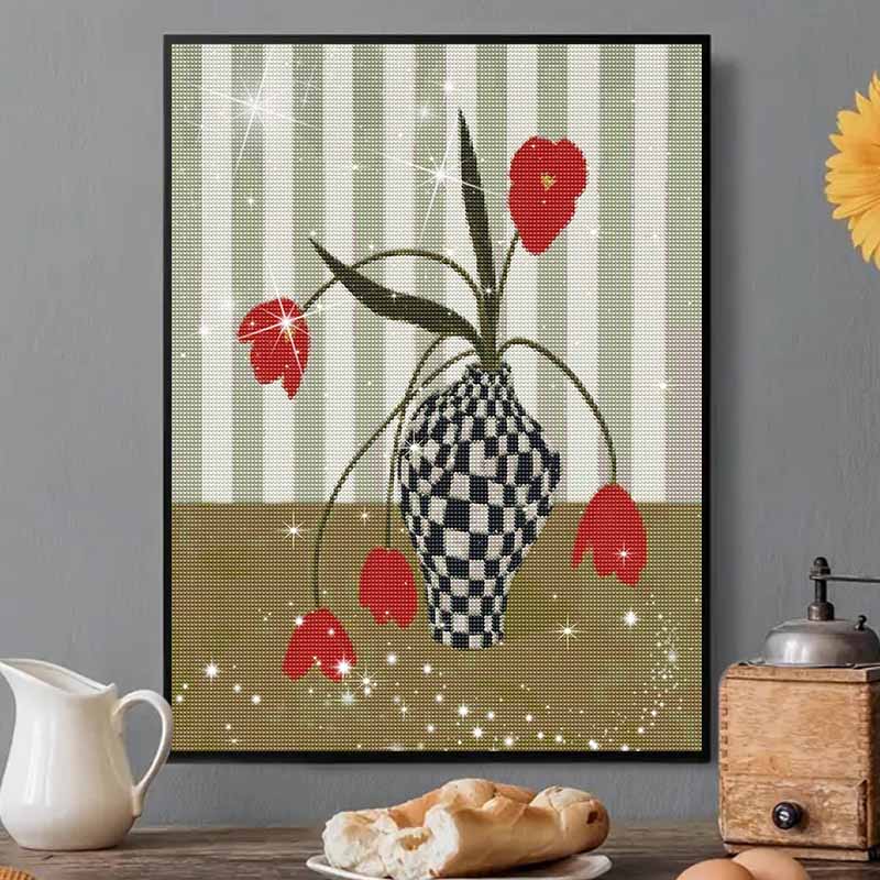 Diamond Painting Kit Red Tulips Vase 5D Full Drill Rhinestones Embroidery 30x40cm Living Room Bedroom Wall Decor Gifts for Her