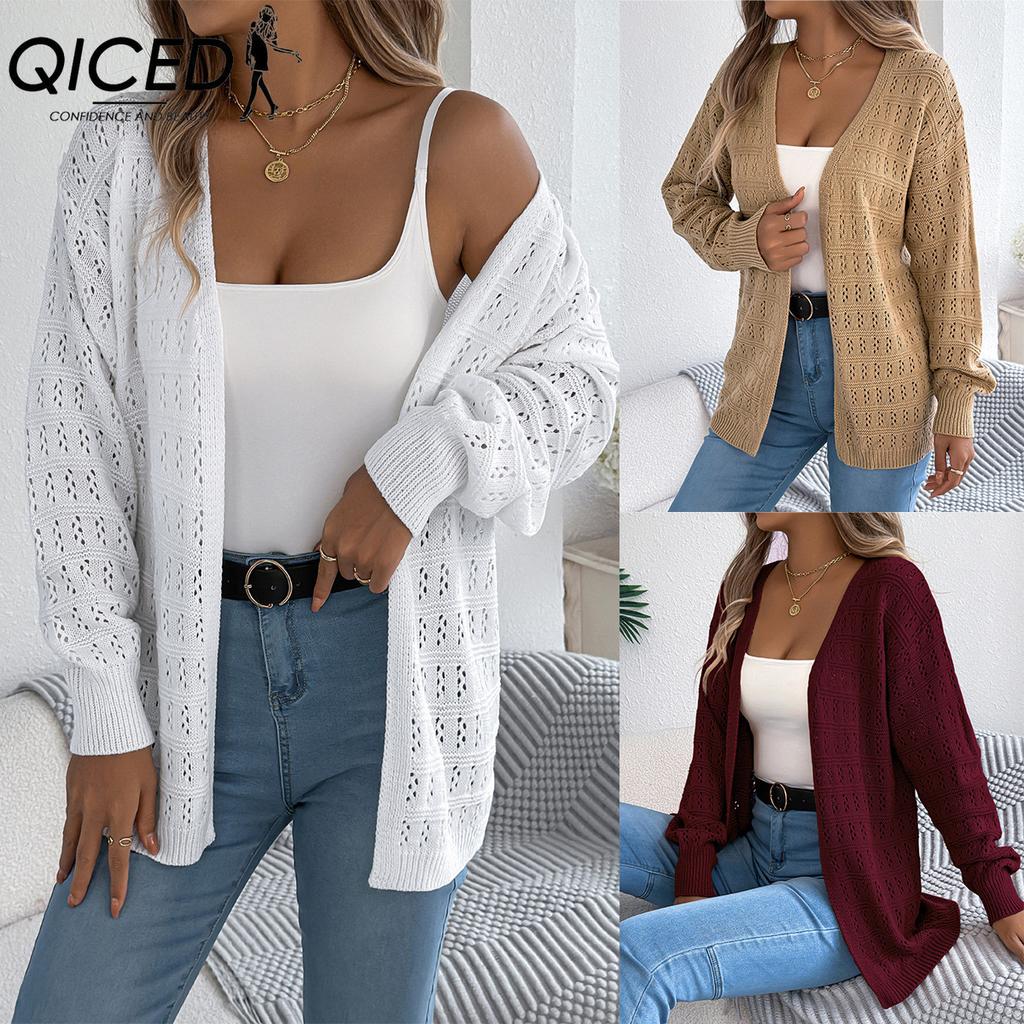 QICED Autumn and Winter Solid-color Hollowed-out Lantern Long-sleeved Cardigan Sweater Mid-length Coat Women's Wear