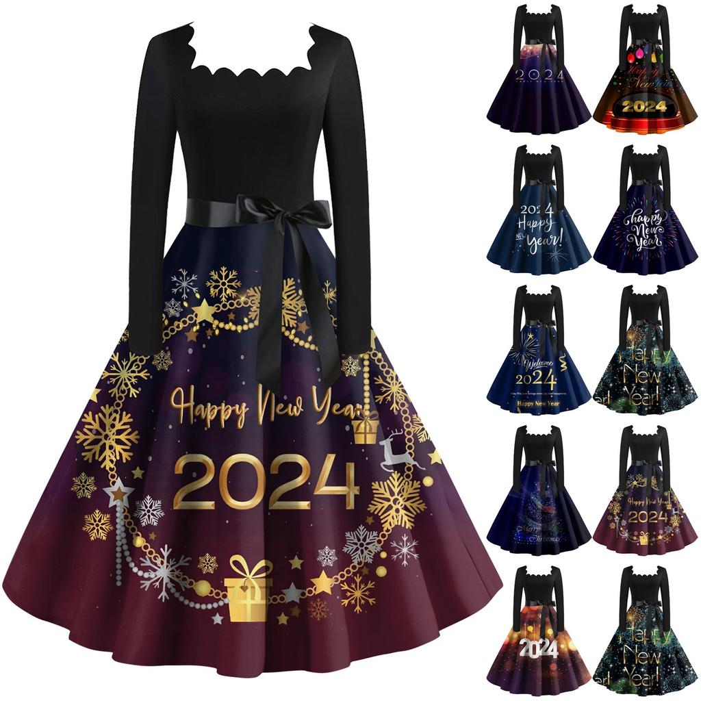 Dámské klasické klasické šaty s dlouhým rukávem 2024 s novoročním potiskem, houpací šaty se čtvercovým výstřihem