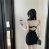 Socialite style chain halter tie evening dress with spaghetti straps, summer pure and alluring sexy backless waist-cinching dress