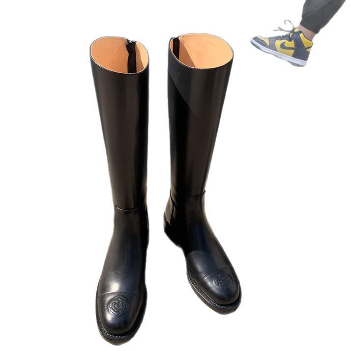 Bottes d'équitation hautes jusqu'au genou en cuir véritable pour femme, bout rond, avec broderie camélia en cuir de vachette