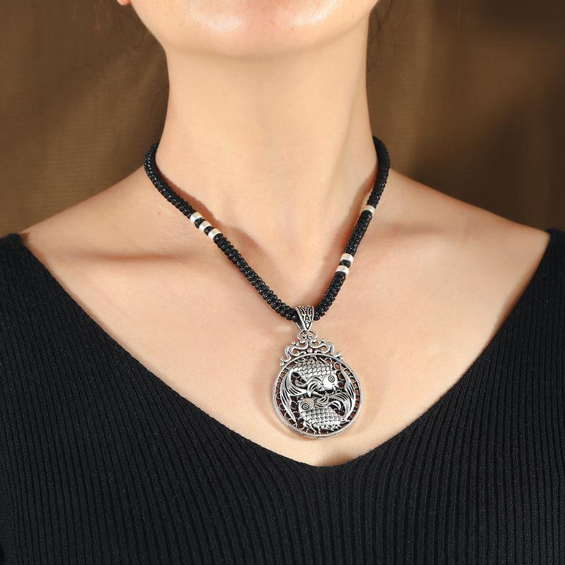 Retro imitation Thai silver short necklace femininity versatile collarbone chain flower fish handwoven jewelry