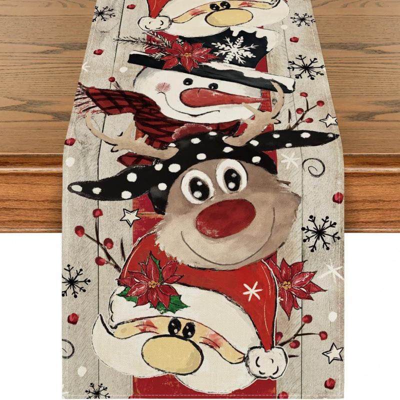 Festive Snowman Christmas Tree Table Runner Home Kitchen Dining Tablecloth for Party Decoration