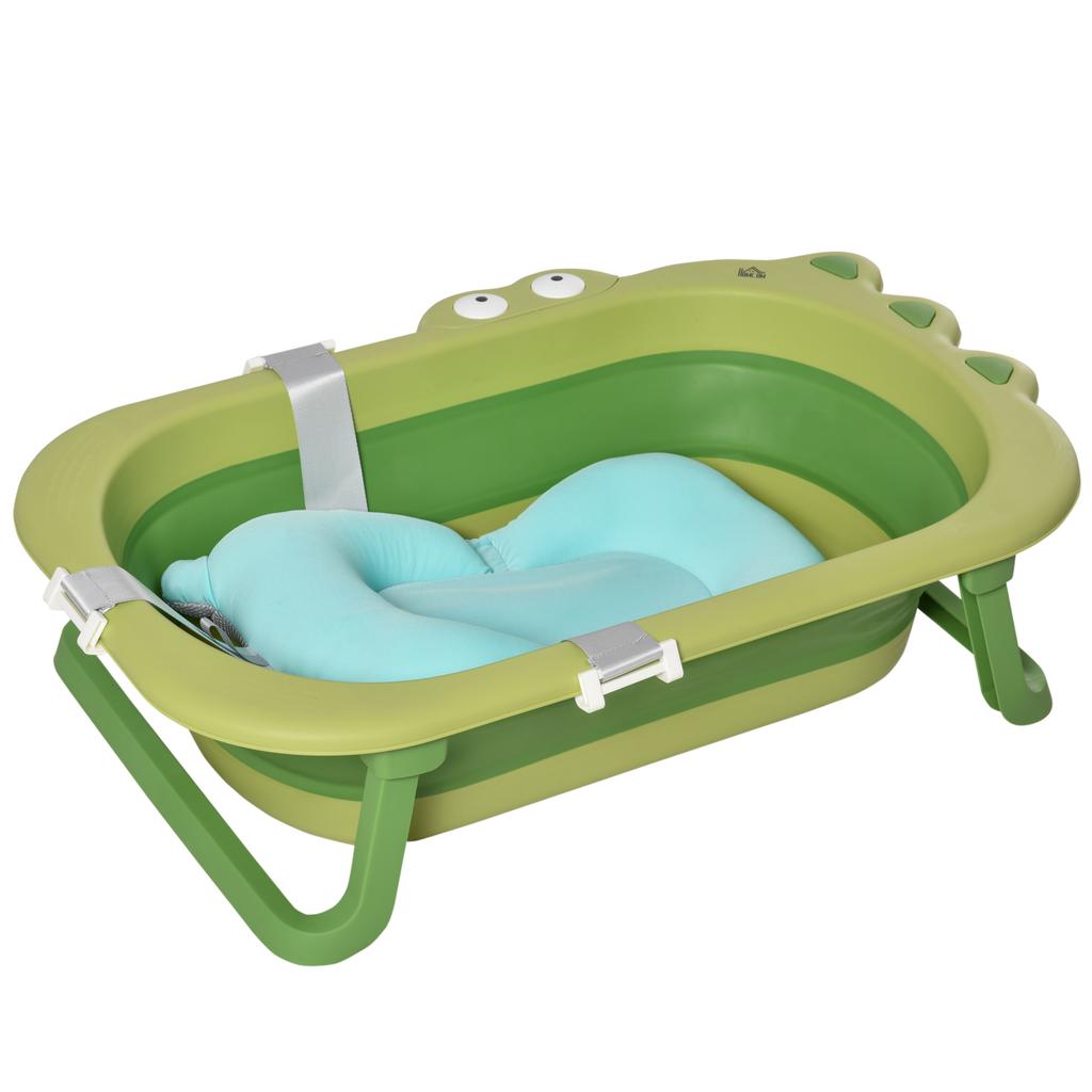 Baignoire Bébé Pliable, 0-3 Ans, Coussin Bleu, Pieds Antidérapants, 80x53.9x20.8 cm, Vert