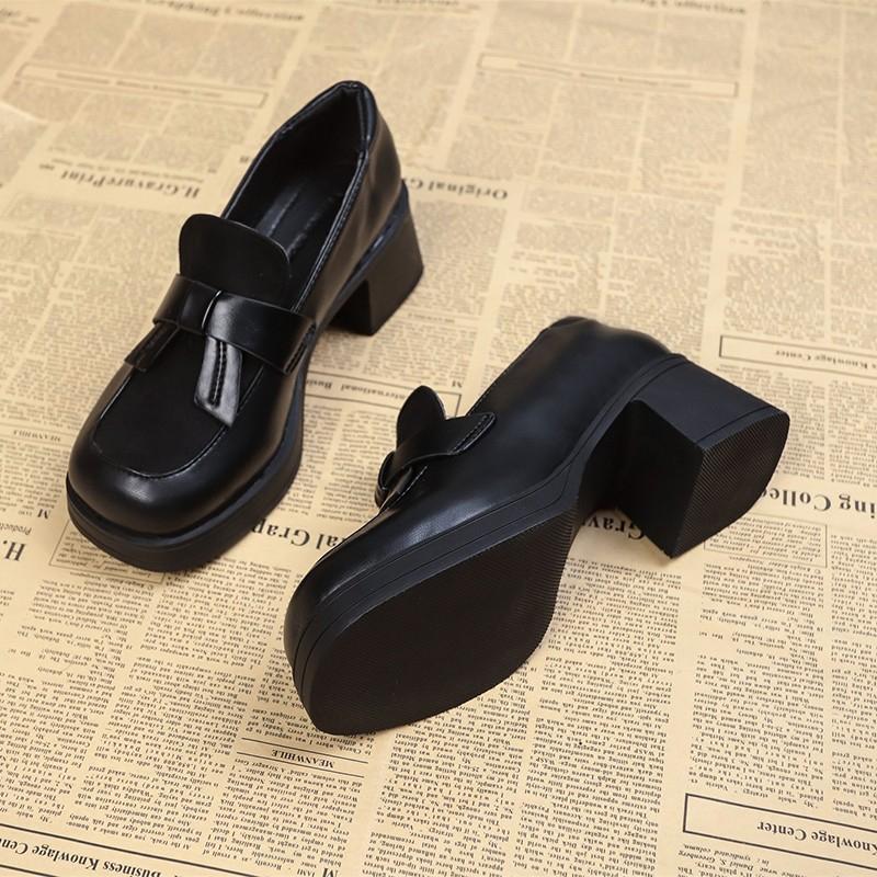 Women's Bow Single Shoes Autumn New Round Toe Deep Mouth Platform Non-slip Wear-resistant Block Heel Shoes