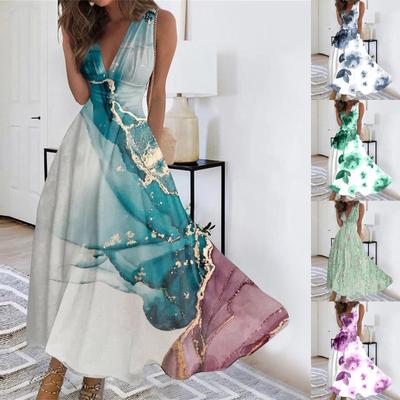 Langes Kleid für Damen, Maxikleid, Freizeitkleid, Swing-Kleid, A-Linien-Kleid, Blumenmuster, Mode, Streetwear, Outdoor, Alltag, Datumsdruck, ärmelloses Kleid mit V-Ausschnitt