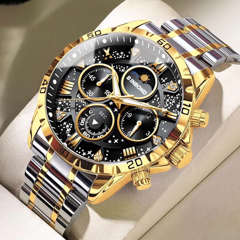 BINBOND Luxury Fashion Men Watches Multi-functional Stainless Steel Original Quartz Wristwatch Moon Phase Chronograph Waterproof