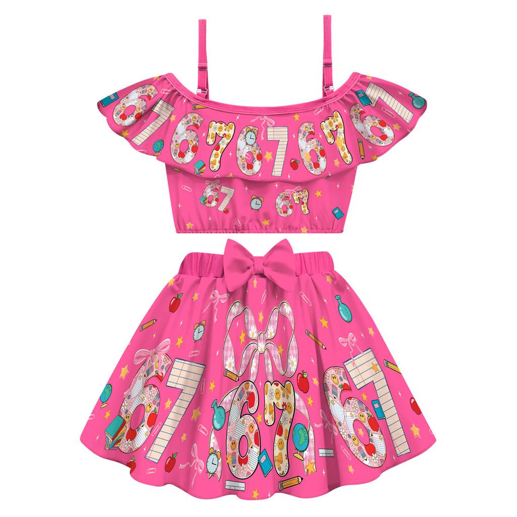 20760 Kids Girls Steal a Brainrot 67 Print Swimsuit Swimwear Top Skirt Sets