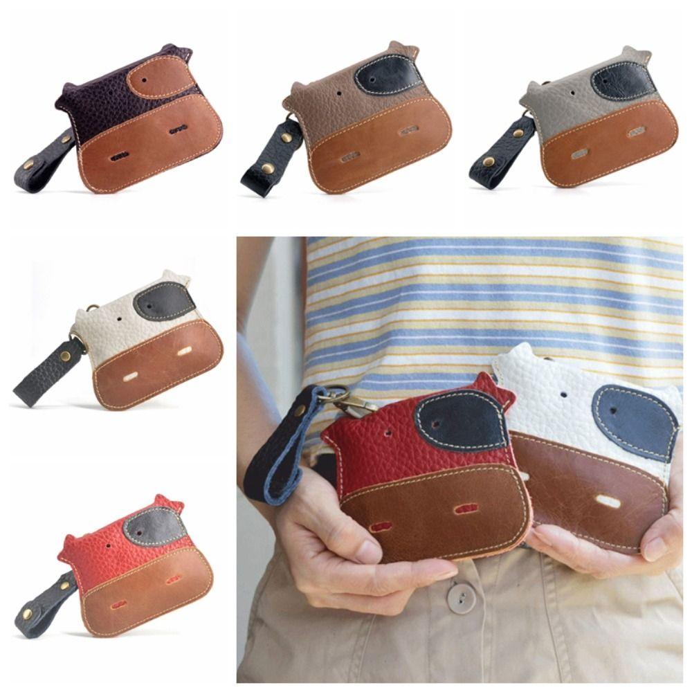 

Solid Color Cute Cow PU Card Bag with Lanyard Snap Button Coin Purse Mini Wallet Men