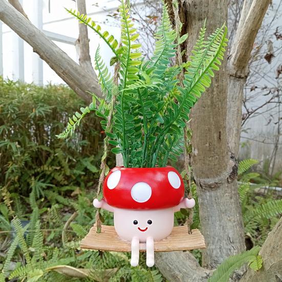 Swing Mushroom Hanging Planter Cartoon Mushroom Flower Pot Resin Succulents Planter