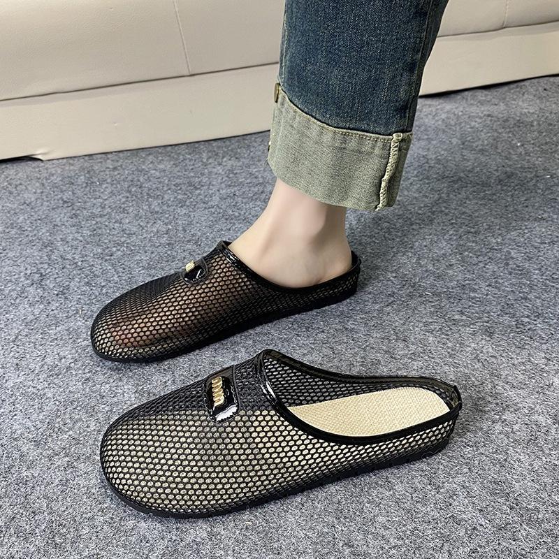 Mesh Breathable Bag Head Half Slippers Women's Summer Wear 2025 New Hollow Mesh Hole Shoes One Foot Cool Slippers