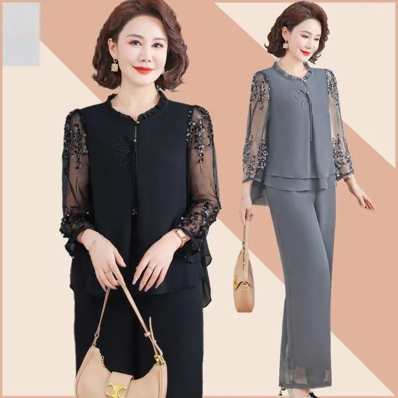 Set de ținută de primăvară pentru mamă, Top elegant pentru tineri, Set de vară din două piese pentru femei de vârstă mijlocie și în vârstă