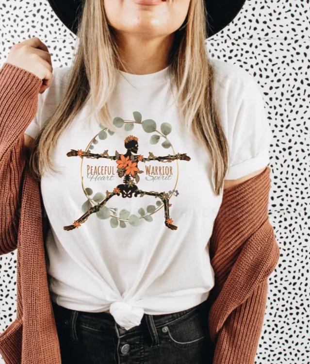 New T-Shirt Floral Skeleton Warrior Yoga Pose, Peaceful Heart Warrior Spirit Ske 2XL