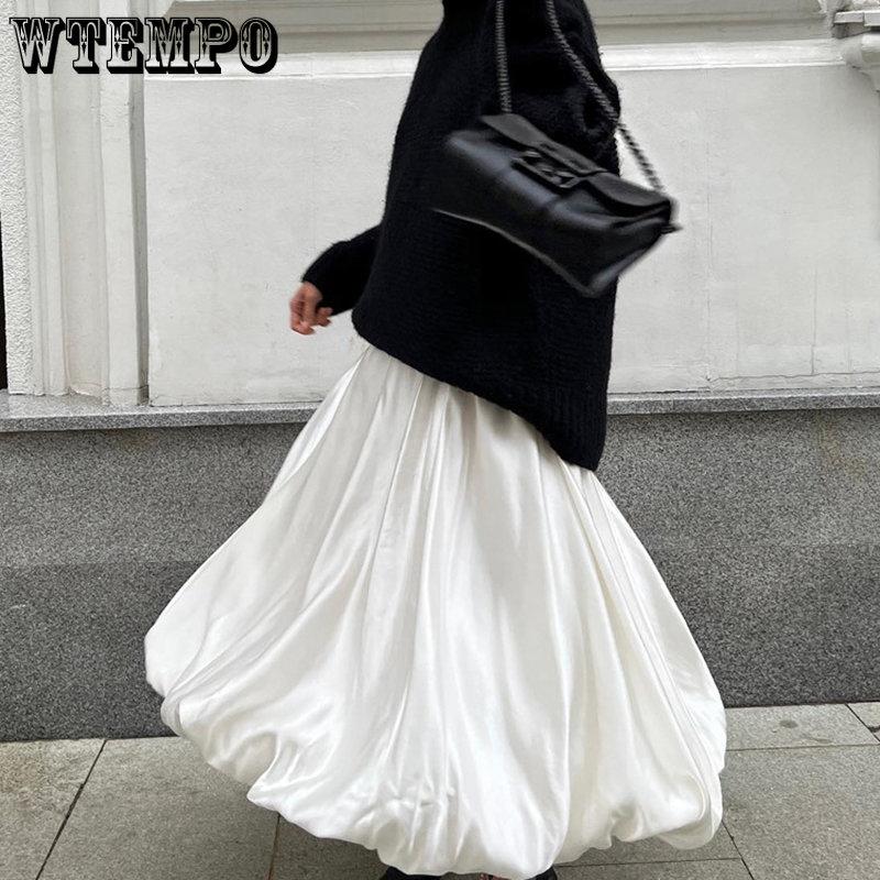 WTEMPO Beige Black Satin Silk Loose Skirts for Women Elegant High Waist Office Lady Solid Casual Ankle-Length Skirts