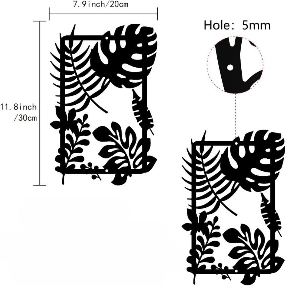 1pc Leaf Metal Wall Decor Black Tropical Plant Hanging Ornament Iron Rectangle Frame Sculpture Boho Modern Farmhouse Rustic Bathroom 11.8x7.9Inch