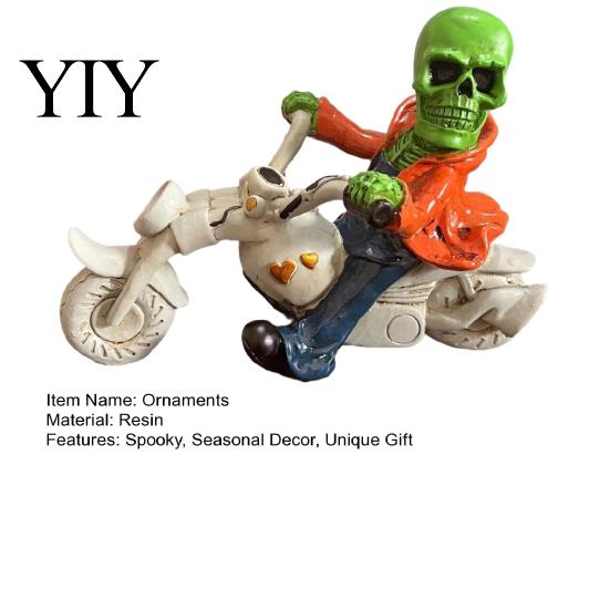 Motorcycle Skull Ornament Halloween Skeleton Riding Figurine, Gothic Spooky Statue for Home Gifts Collectors Garden, Resin Biker Decor Desk