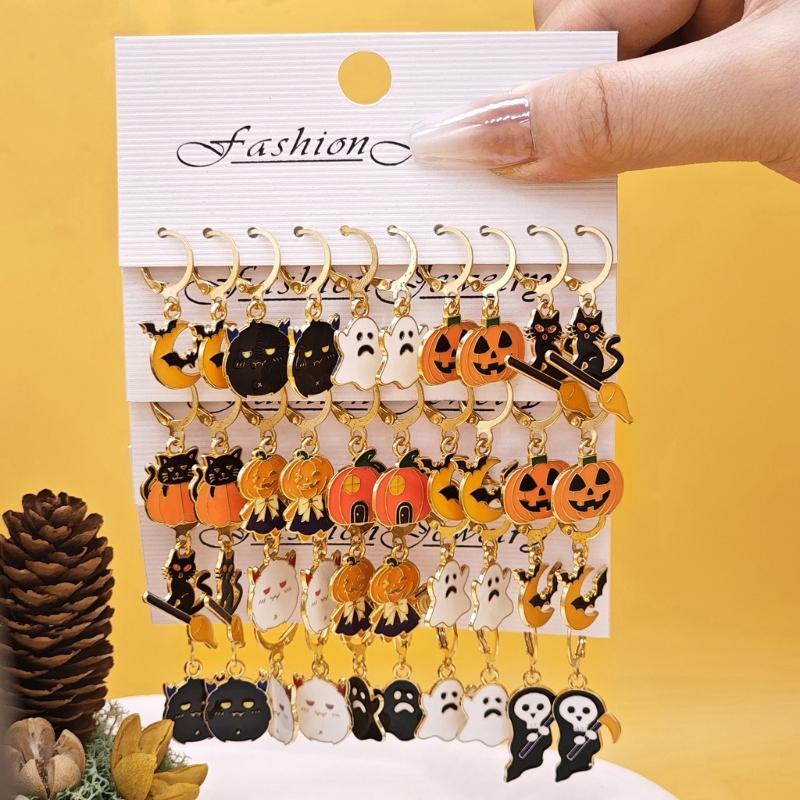 Fashionable Halloween Pumpkin Black Cats Dangle Earrings Festival Charm Syurdy Alloy Jewelry Accessory for Parties