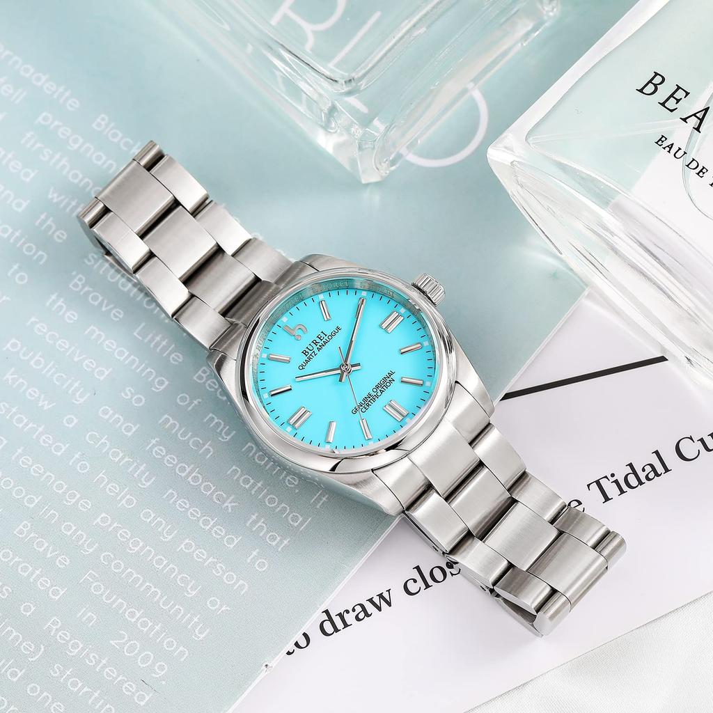 BUREI Women's Analogue Waterproof Quartz Watch, Couple's Watch, Popular, Simple Design, Silver, Light Blue, Luminous