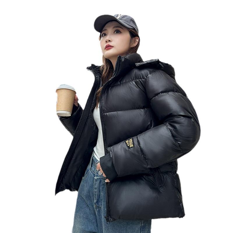 Women's Autumn and Winter Black and Gold Hooded Thickened Loose Warm Short Down Cotton Clothes Women's Bright Bread Clothes Jacket