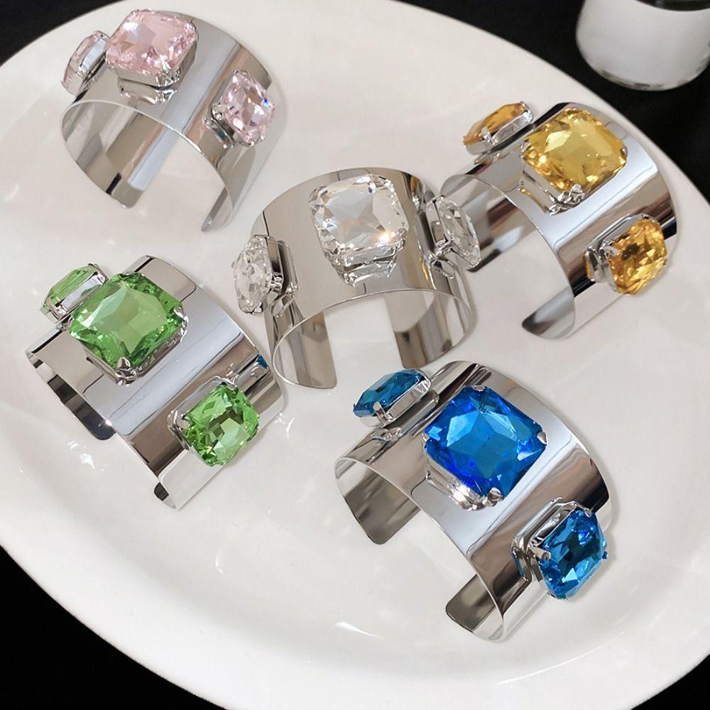 Rhinestone Wide Cuff Bracelet Glossy Metal Open Bangle New Statement Bracelet Daily Wear