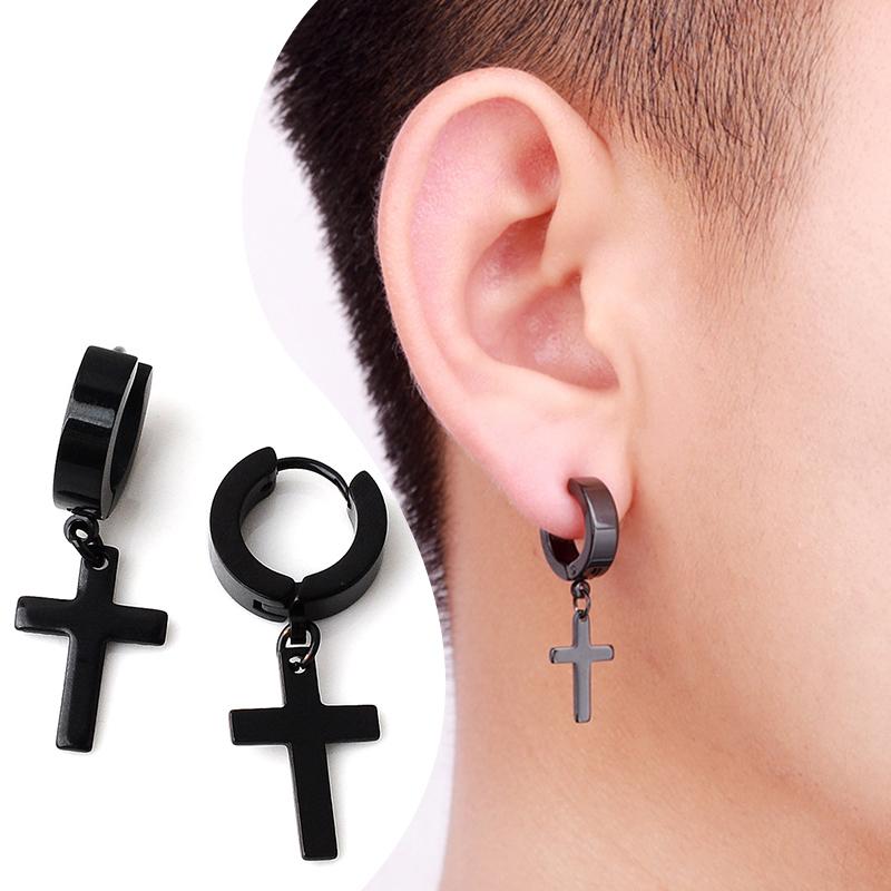 1/6pairs Stainless Steel Cross Ear Earrings for Men and Women Punk Black Cartilage Earrings Round Street Hip Hop Rock Zircon