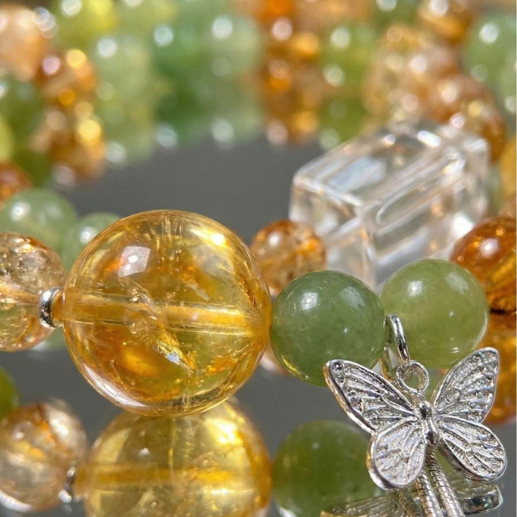 Green Forest Original Crystal Bracelet with Xiuyu Yellow Tower Crystal and White Crystal, Fresh and Natural Women's Double-Loop Wrist Accessory