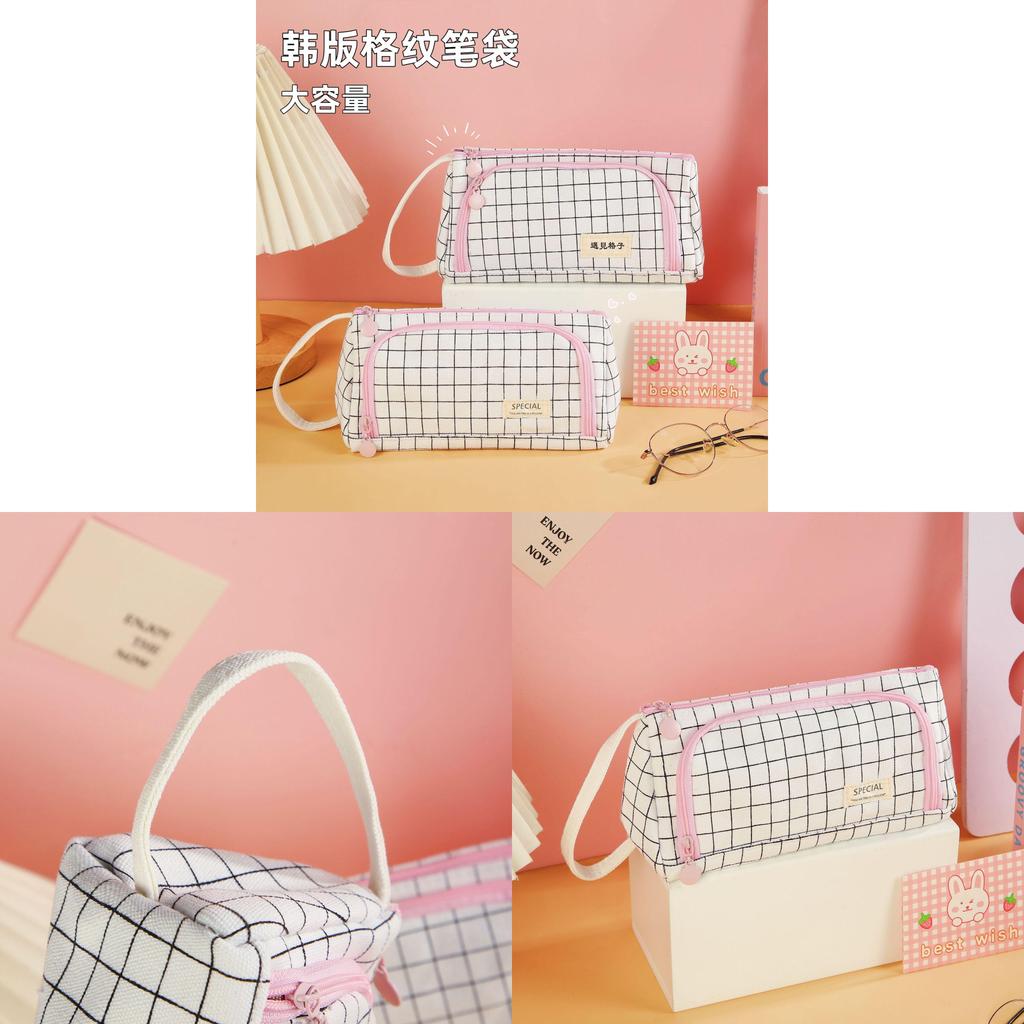 Modern Canvas Pencil Bag With Large Capacity And Grid Design For School Supplies