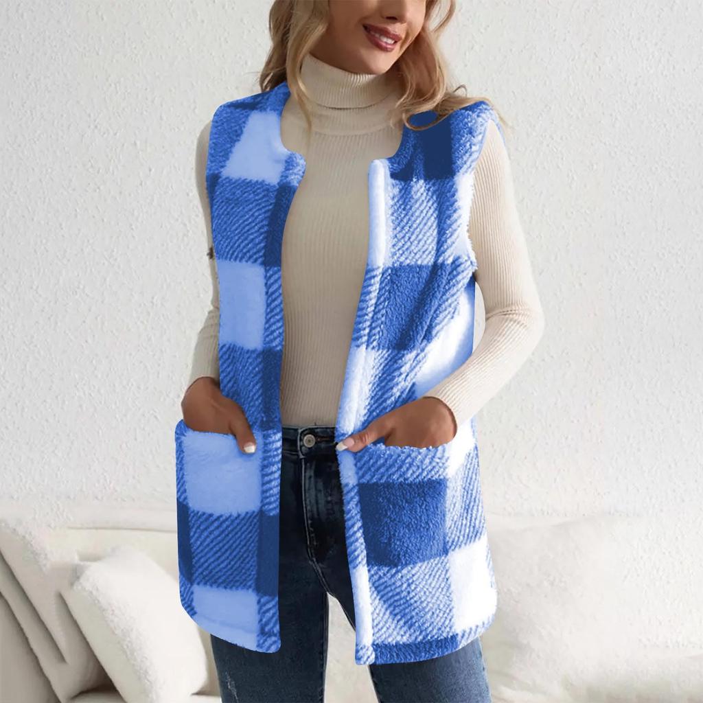 Plaid Fleece Vest For Women  Fall Winter Fuzzy Thermal Warm Sleeveless Jacket Trendy Outwear