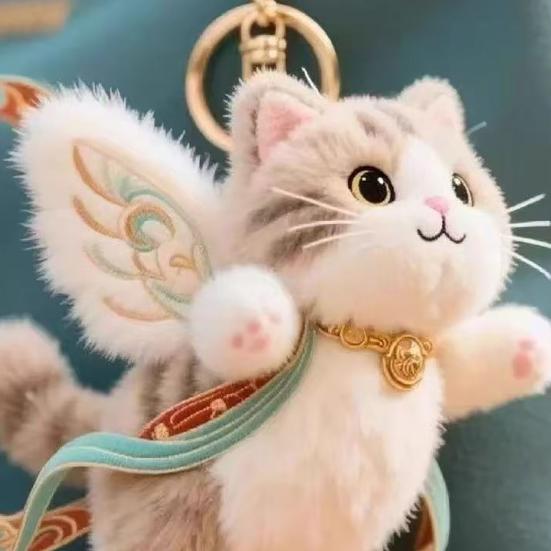 Flying Cat Plush Keychain 4.7 Inch Cute Flying Deer Mini Doll with Wings Detachable Buckle Purse Charm for Backpack Handbag
