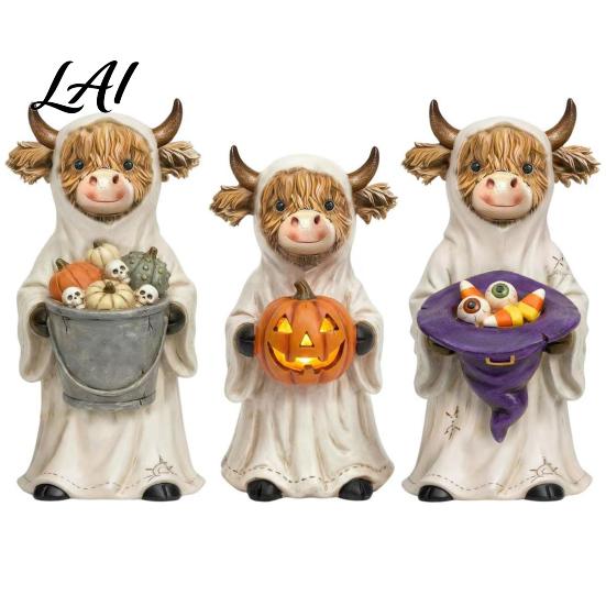 Gothic Animal Statue 3Pcs Halloween Ghost Resin Yak Figurines Highland Cow Statues with Pumpkin Farmhouse