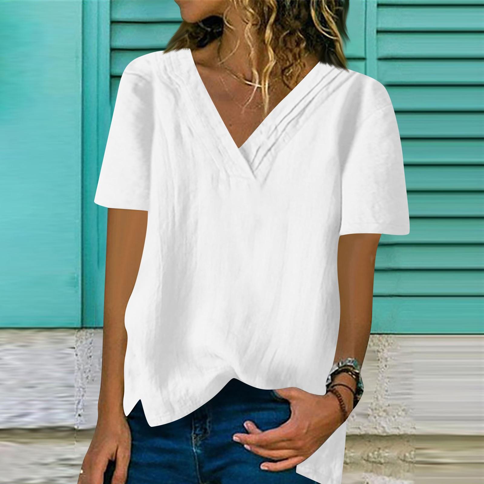 

Женская мода хлопок и лен свободный короткий рукав топ XXL белый