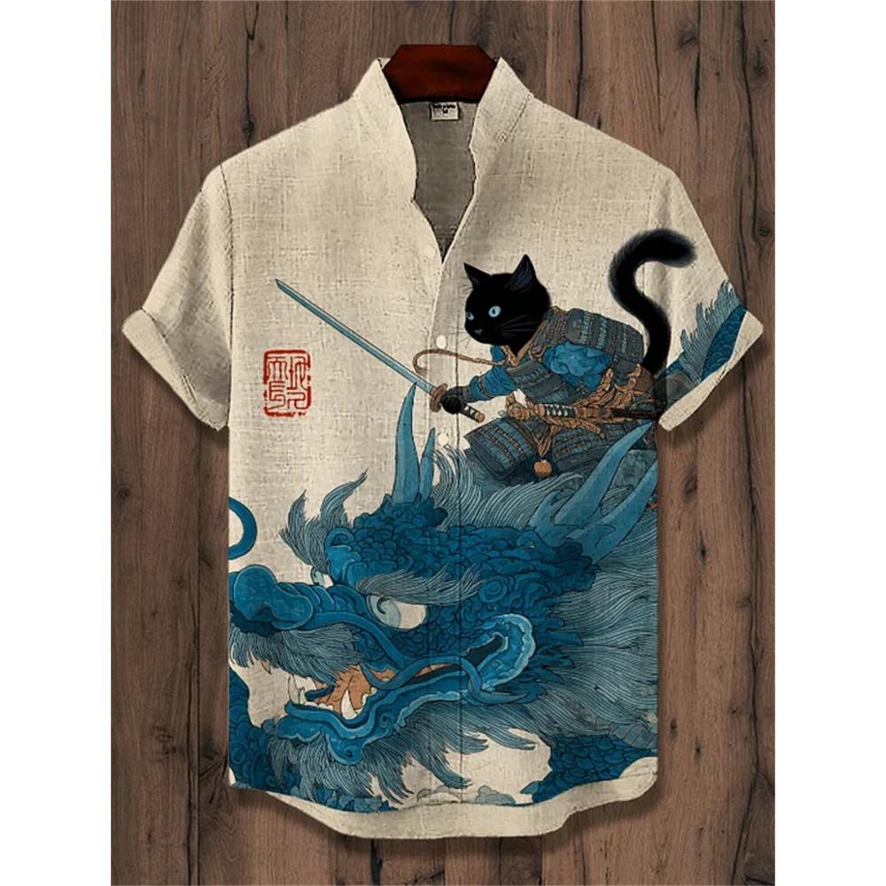Men's Short-sleeved Shirt with Cat and Dinosaur Print, Casual and Stylish Vacation-style Men's Top, Fashionable Hawaiian Design.