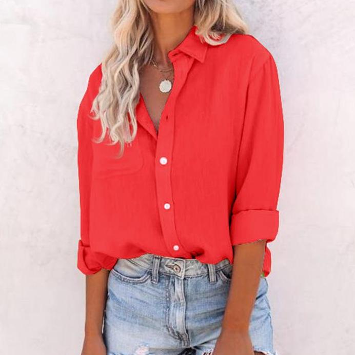 Spring Summer Tops Women's Solid Color Cotton Linen Shirt Lapel Button Up Long Sleeve Loose Blouse