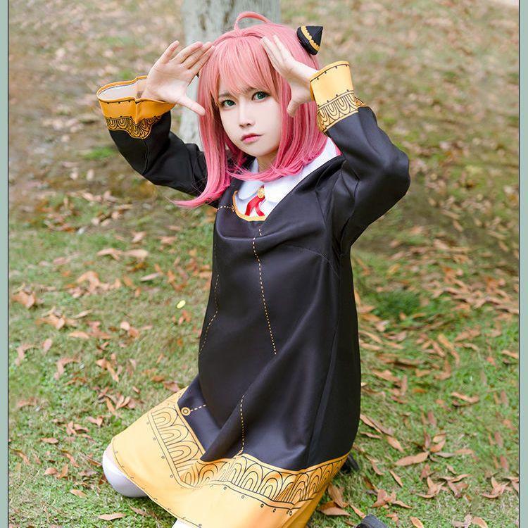 Anya Forger Cosplay Dress Anime Spy X Family Forger Anya Cosplay Wig Black Dress Socks Doll Halloween Costumes for Girls Women