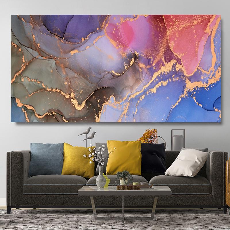 Luxury Abstract Gold Fluid Art Canvas Painting Colorful Ink Art Posters and Prints Marble Texture Wall Art Living Room Decor