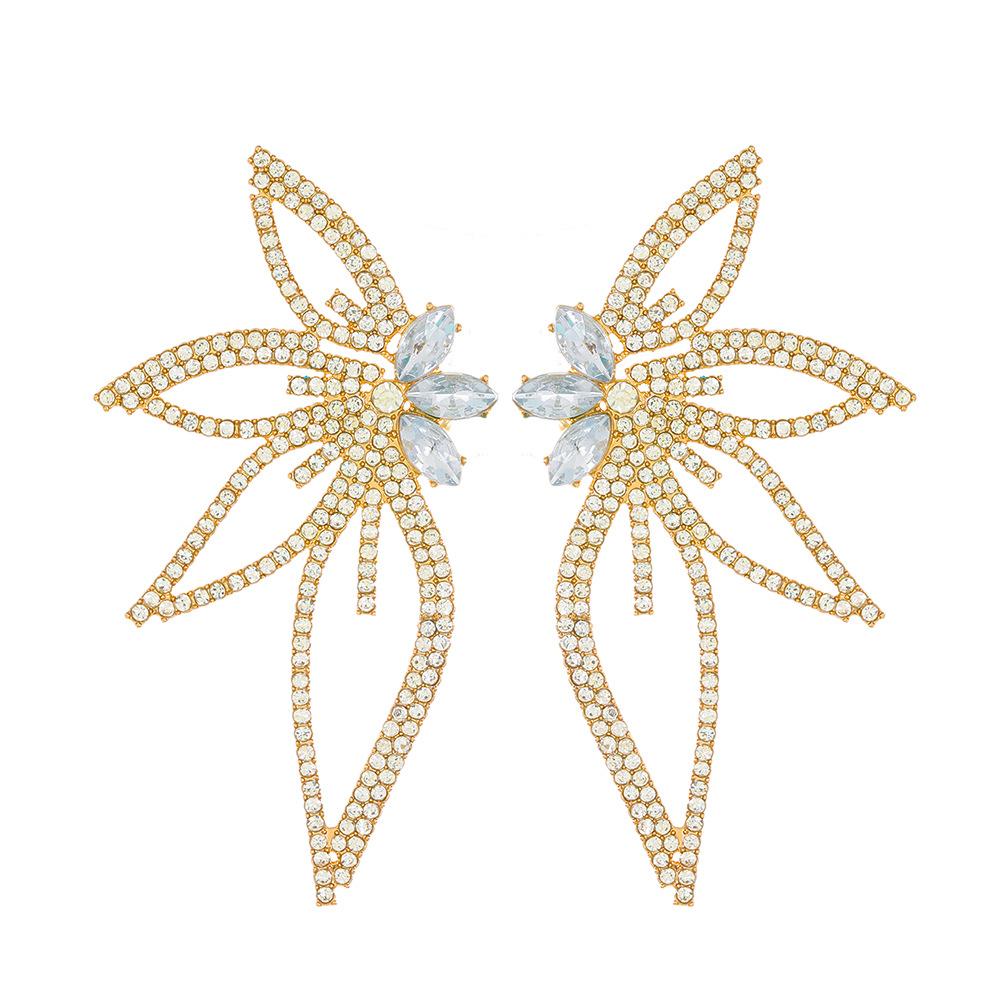 Women's Personality Fashion Big Earrings with Full Rhinestones Inlaid Maple Leaf Shape Luxury Stud Earrings for Party Wedding