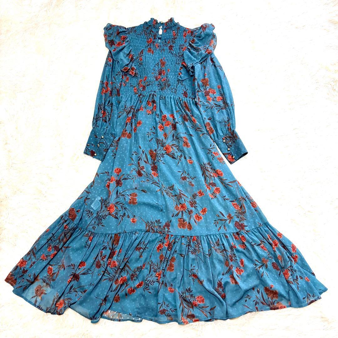 LILY BROWN Long Dress Floral Pattern Gold Button Ruffles Blue
