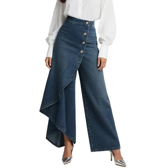 Flowy Jeans for Women High Waisted Asymmetrical Wrap Denim Pants Button Up Wide Leg