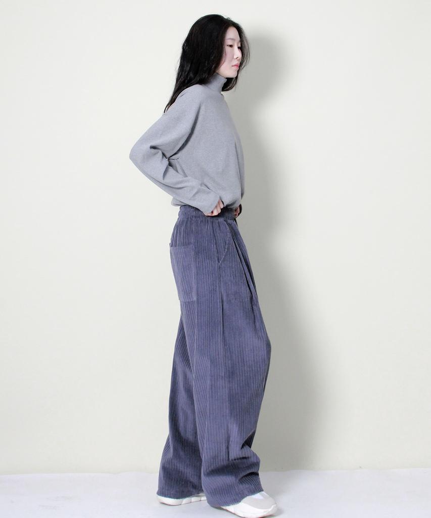 Deumakeu Wide-Fit Corduroy One-Pleat Elastic Pants Grayish Blue