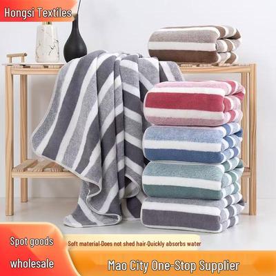 Two-Tone Striped Coral Fleece Bath Towel Set - Soft & Absorbent.