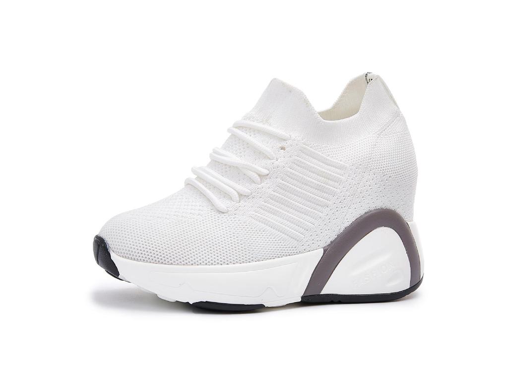 "2024 Autumn Women's White Height-Enhancing Sports Shoes - Korean Style, Breathable, Versatile, and Casual with High Heels"