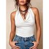Women Solid Color Cowl V Neck Halter Off Shoulder Cami Tank Top
